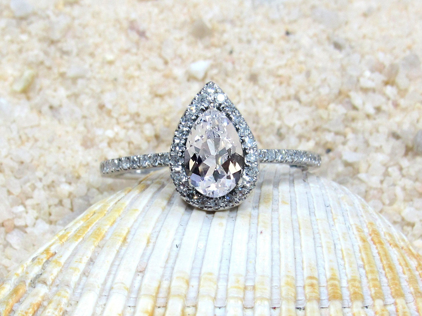 White Sapphire Engagement Ring & Diamond Pear Halo Helena 1ct 7x5mm Custom Size White-Yellow-Rose Gold-10k-14k-18k-Platinum BellaMoreDesign.com