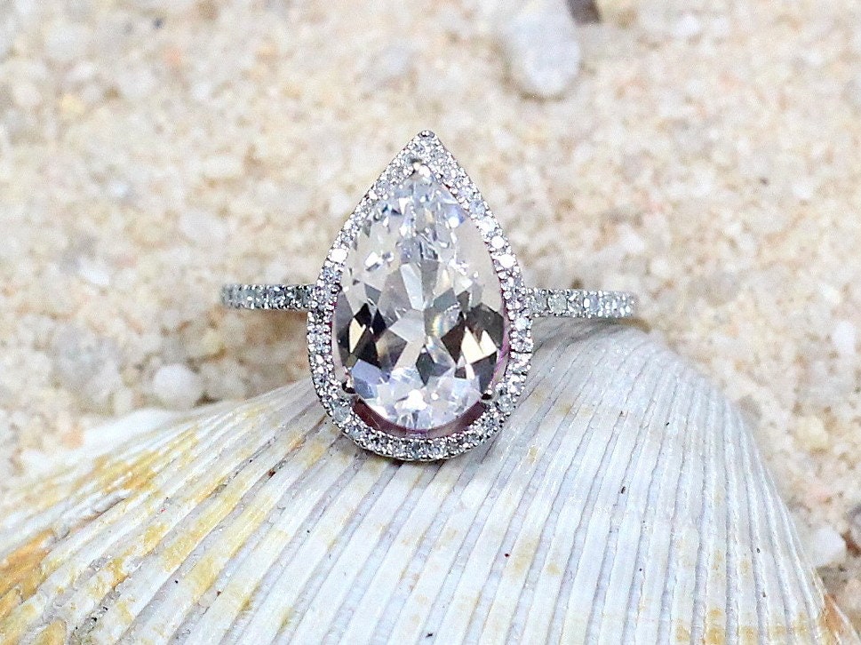 White Sapphire Engagement Ring,Diamond Pear Halo,Helena, 4.5ct Ring,White Sapphire Ring,White-Yellow-Rose Gold-10k-14k-18k-Platinum BellaMoreDesign.com