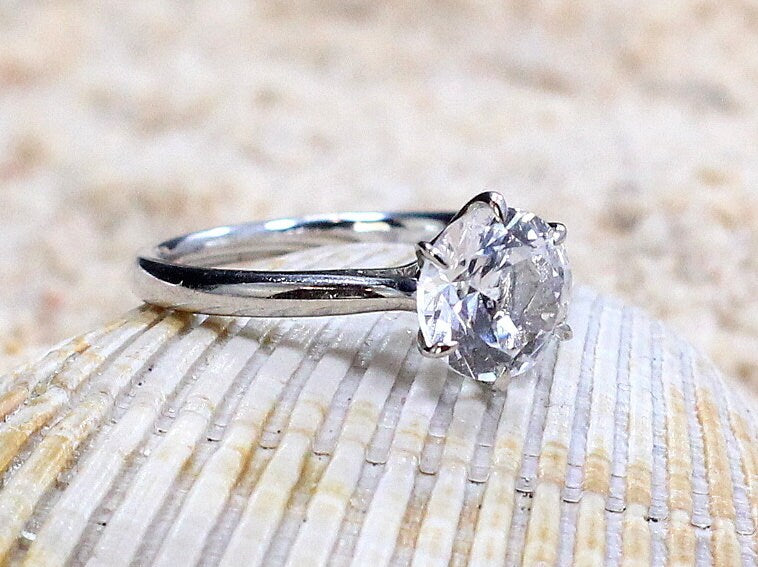 White Sapphire Engagement Ring,Dinlas,6 prong Ring,Solitaire Ring,White Sapphire Ring,Sapphire Ring,White-Yellow-Rose Gold-10k-14k-18k-Plt BellaMoreDesign.com