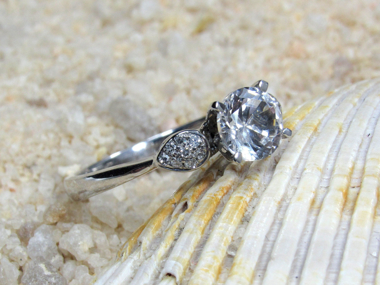 White Sapphire Engagement Ring, Round Diamonds Cluster Leaf Ring, Hestia, 1ct, 6mm, Promise Ring, Gift For Her BellaMoreDesign.com
