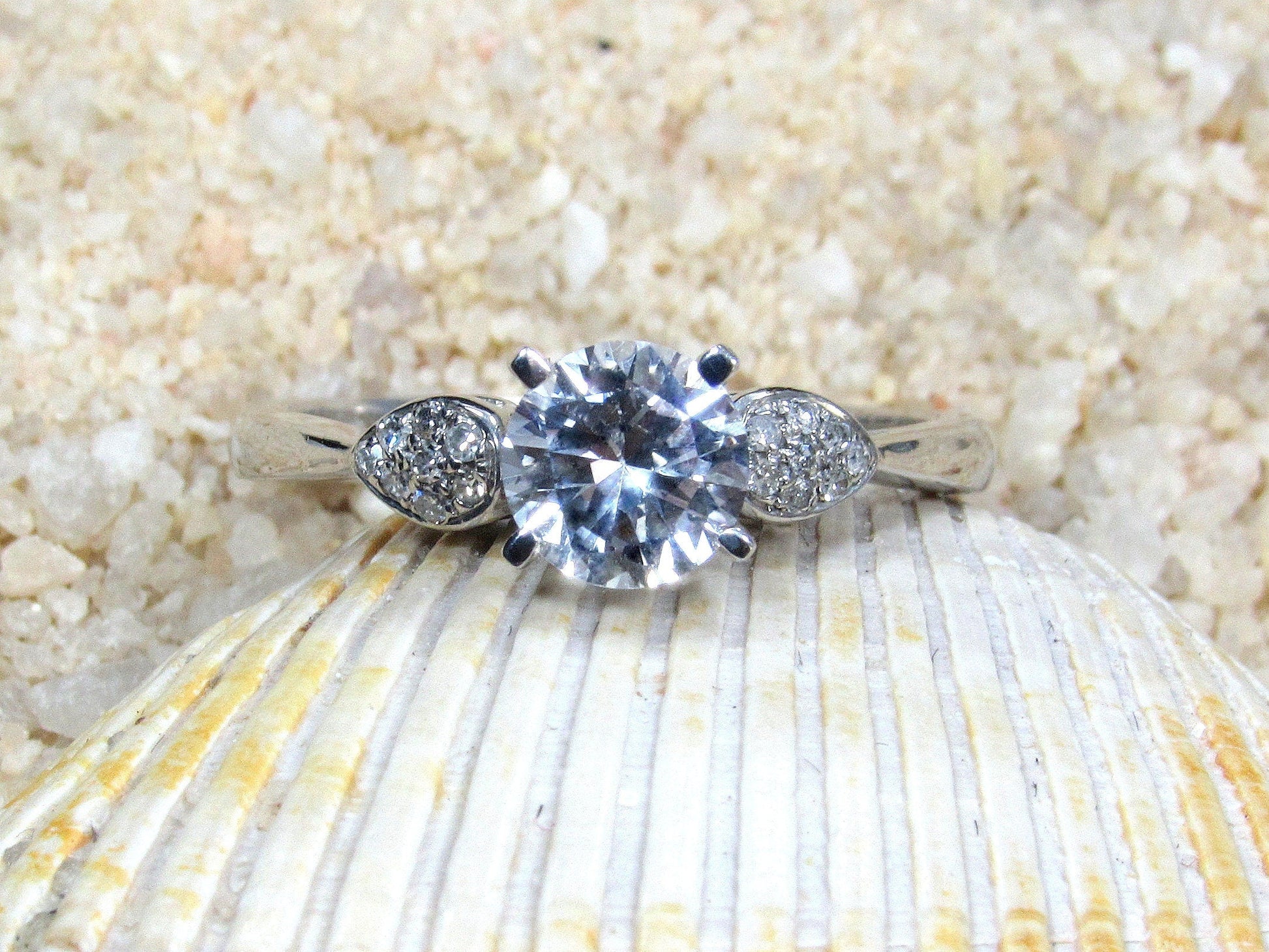 White Sapphire Engagement Ring, Round Diamonds Cluster Leaf Ring, Hestia, 1ct, 6mm, Promise Ring, Gift For Her BellaMoreDesign.com