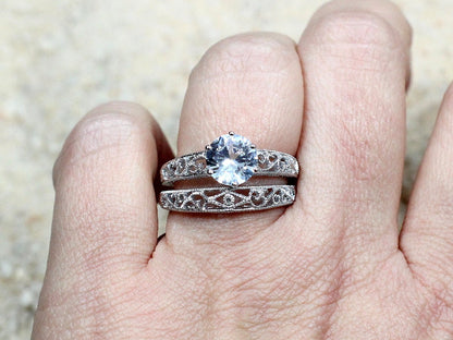 White Sapphire Engagement Ring Set,Antique Ring Set,Filigree Ring Set,Polymnia,2ct Ring Set,Sapphire Ring Set,White Sapphire Ring Set BellaMoreDesign.com
