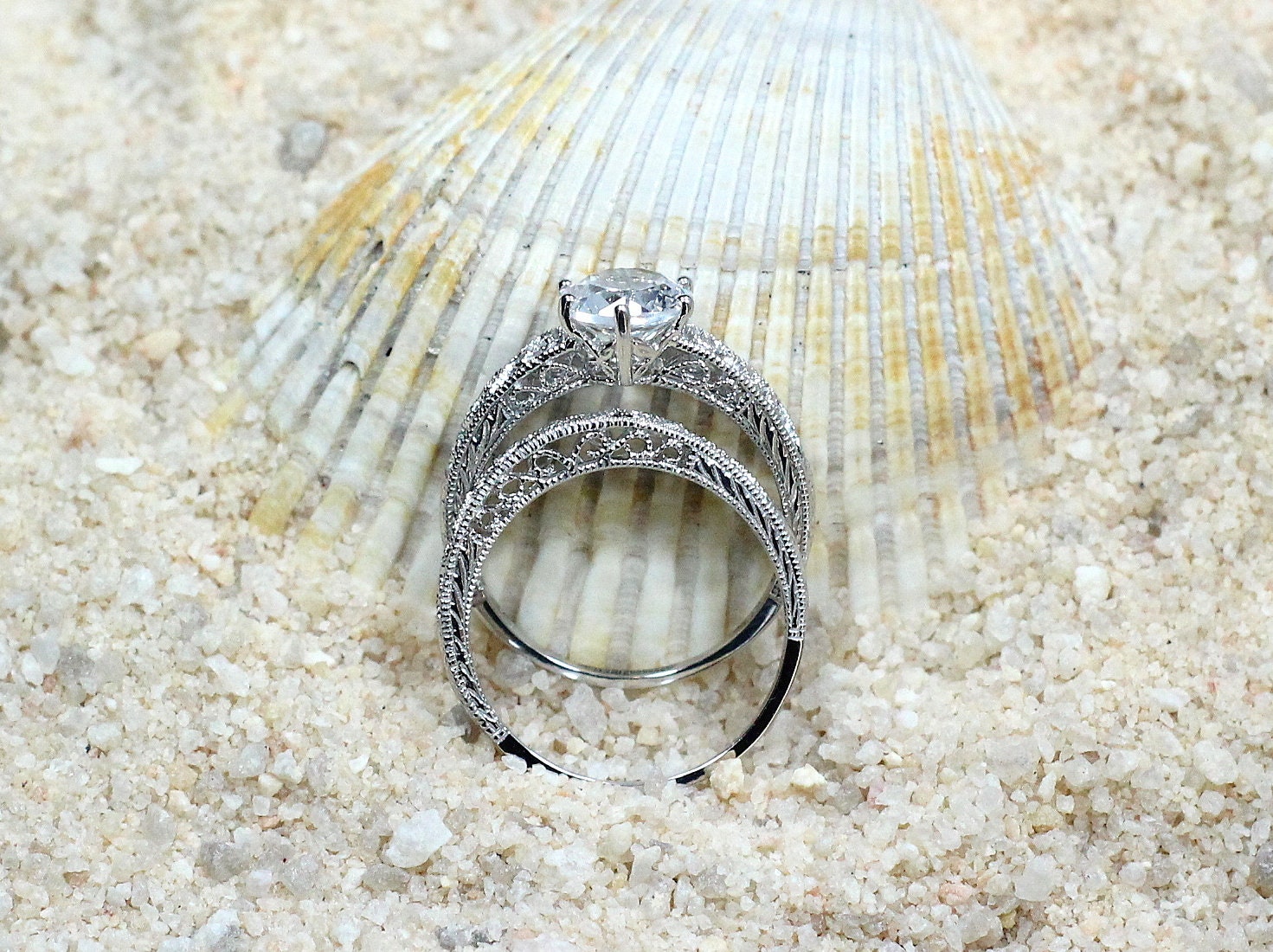 White Sapphire Engagement Ring Set,Antique Ring Set,Filigree Ring Set,Polymnia,2ct Ring Set,Sapphire Ring Set,White Sapphire Ring Set BellaMoreDesign.com