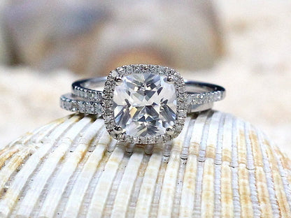 White Sapphire Engagement Ring Set, Cushion Halo ,Wedding Band Set, Cuscino, 3ct, 8mm, gift for her, promise ring BellaMoreDesign.com