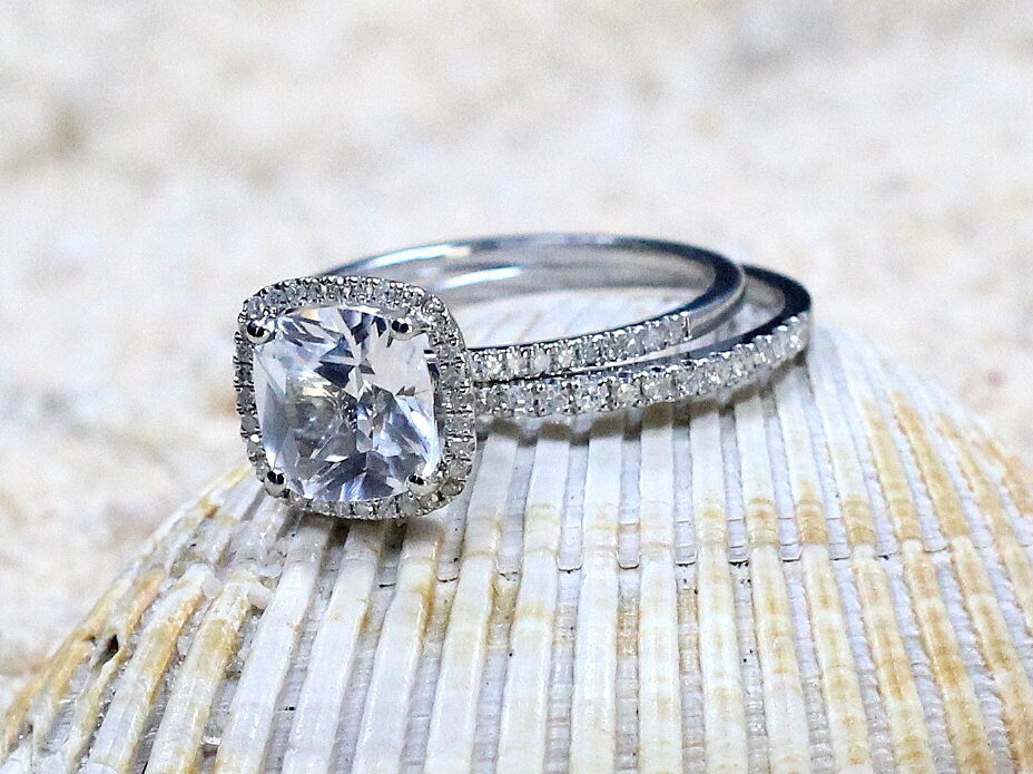 White Sapphire Engagement Ring Set, Cushion Halo ,Wedding Band Set, Cuscino, 3ct, 8mm, gift for her, promise ring BellaMoreDesign.com