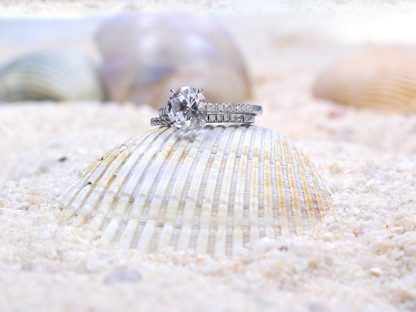 White Sapphire Engagement Ring Set, Half Eternity, Wedding Band Set, Round, Pistis, 2ct, 8mm BellaMoreDesign.com