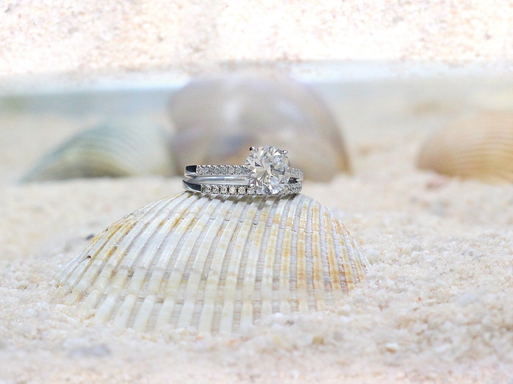 White Sapphire Engagement Ring Set, Half Eternity, Wedding Band Set, Round, Pistis, 2ct, 8mm BellaMoreDesign.com