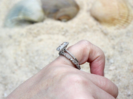 White Sapphire Engagement Ring Set,Milgrain Ring,Filigree Ring,Ione,Art Deco,2ct Ring,Vintage Ring,Wedding Band Set,Gold-Platinum BellaMoreDesign.com