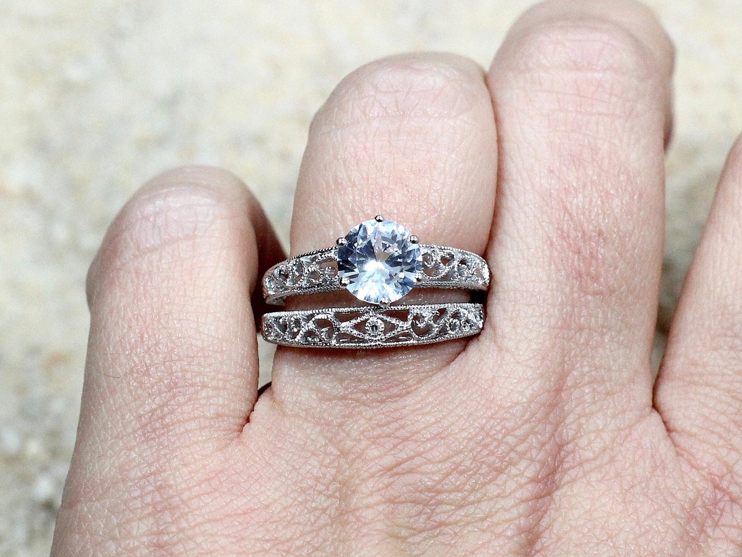 White Sapphire Engagement Ring Set,Vintage, Antique ,Filigree, Round Cut, Polymnia, 2ct, 8mm,Promise Rings, Gift for her BellaMoreDesign.com