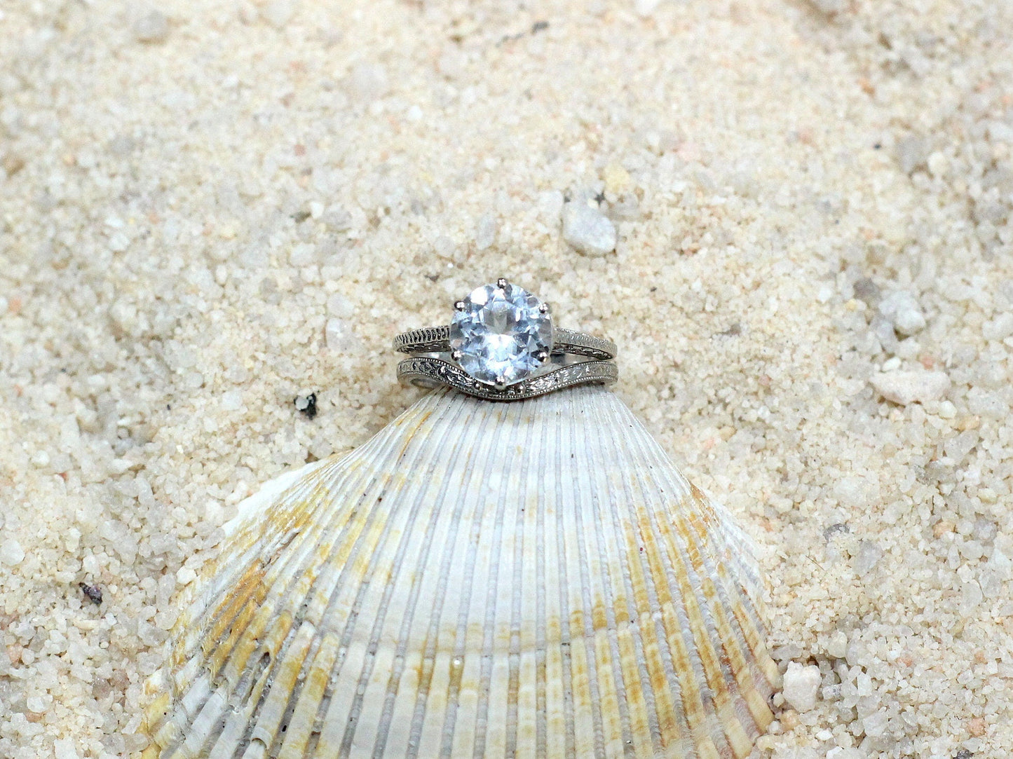 White Sapphire Engagement Ring Set, Wedding Band set, Antique, Filigree, Vintage, Maia, 3ct,9mm, promise ring, gift for her BellaMoreDesign.com