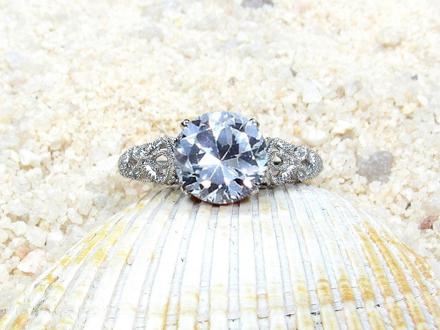 White Sapphire Engagement Ring, Vintage, Antique, Filigree, Andromeda, 2ct, 8mm BellaMoreDesign.com
