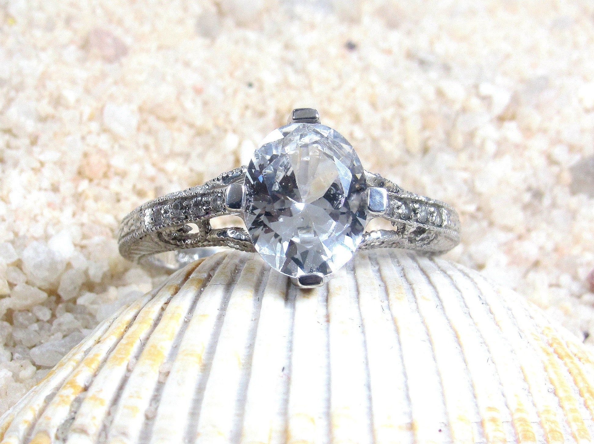 White Sapphire Engagement Ring, Vintage Filigree Ring, 3ct Oval 9x7mm, Dionysus, White Sapphire Ring,White-Yellow-Rose Gold-14k-18k-Platinum BellaMoreDesign.com