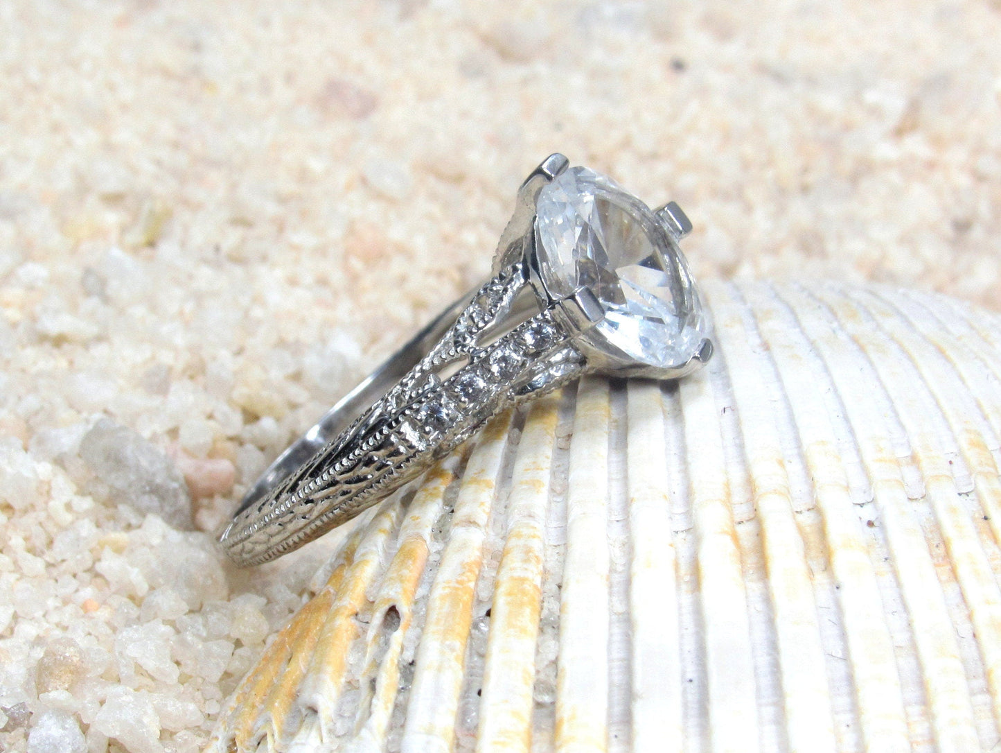 White Sapphire Engagement Ring, Vintage Filigree Ring, 3ct Oval 9x7mm, Dionysus, White Sapphire Ring,White-Yellow-Rose Gold-14k-18k-Platinum BellaMoreDesign.com