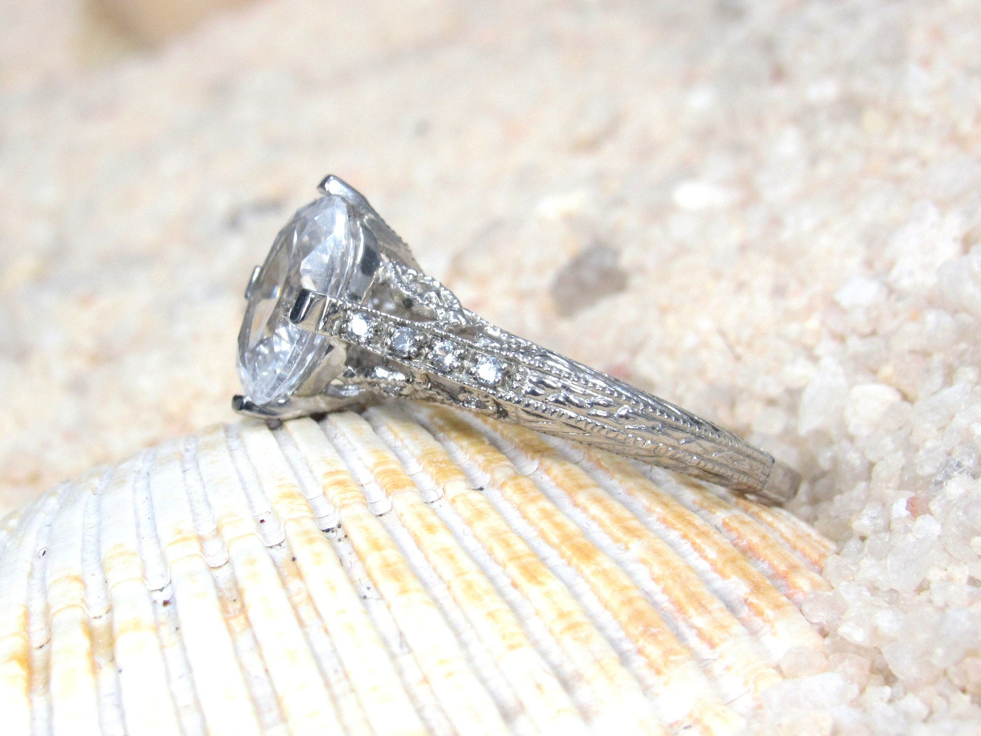 White Sapphire Engagement Ring, Vintage Filigree Ring, 3ct Oval 9x7mm, Dionysus, White Sapphire Ring,White-Yellow-Rose Gold-14k-18k-Platinum BellaMoreDesign.com