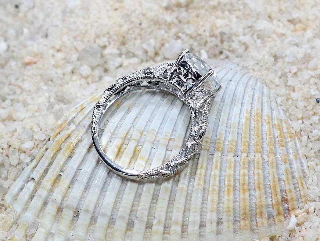 White Sapphire Engagement Ring,Vintage Ring,Antique Ring,Filigree Ring,Andromeda,2ct Ring,White-Yellow-Rose Gold-Plt,Sapphire Ring BellaMoreDesign.com