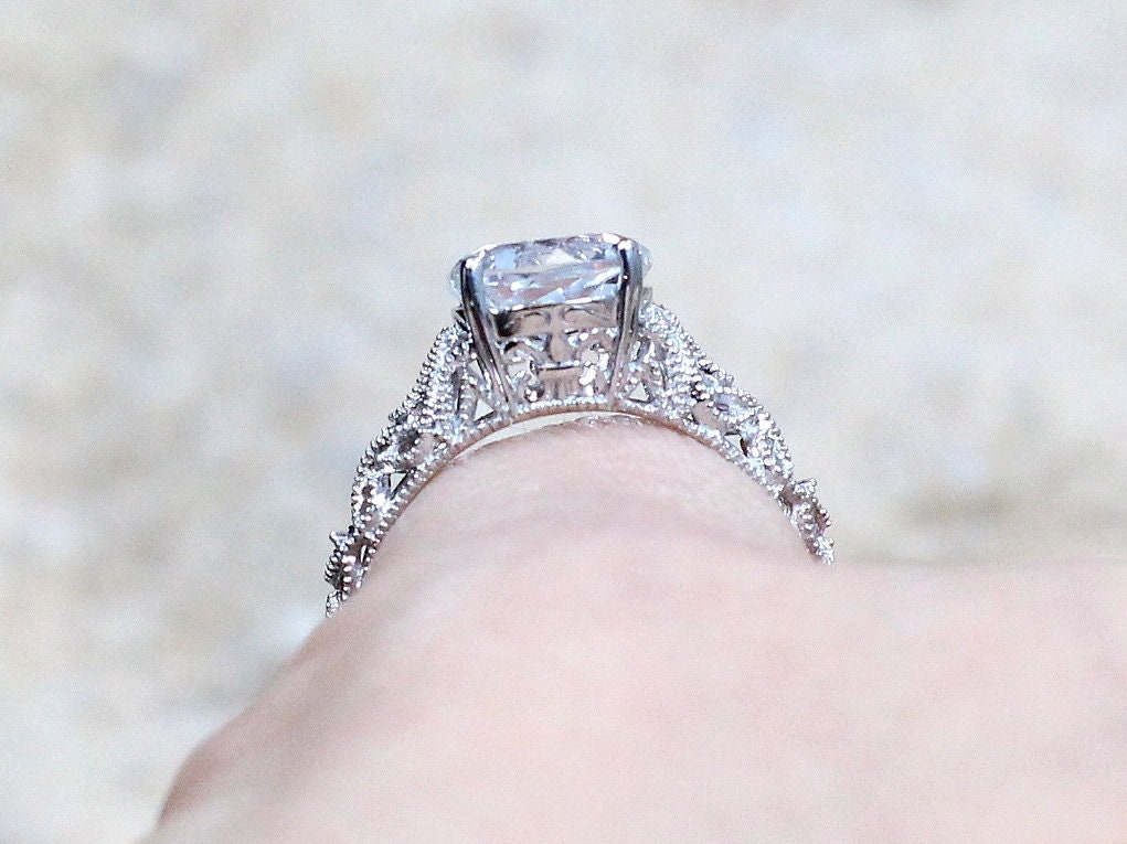 White Sapphire Engagement Ring,Vintage Ring,Antique Ring,Filigree Ring,Andromeda,2ct Ring,White-Yellow-Rose Gold-Plt,Sapphire Ring BellaMoreDesign.com