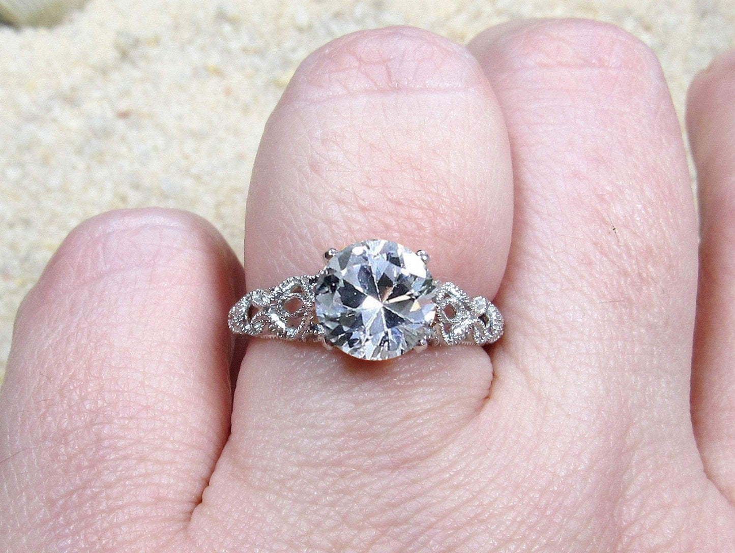 White Sapphire Engagement Ring,Vintage Ring,Antique Ring,Filigree Ring,Andromeda,2ct Ring,White-Yellow-Rose Gold-Plt,Sapphire Ring BellaMoreDesign.com