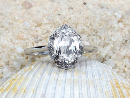 White Sapphire Oval Engagement Ring, Floral Ring, Sospita, 2ct Ring, White-Yellow-Rose Gold-10k-14k-18k-Platinum, 8x6mm Oval BellaMoreDesign.com