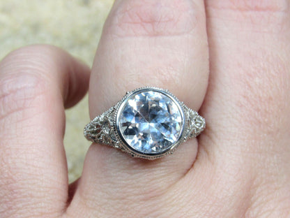 White Sapphire Vintage Engagement Ring Aegle Antique Style Bezel set Filigree Round 5ct 10mm Custom White-Yellow-Rose Gold-10k-14k-18k-Plt BellaMoreDesign.com