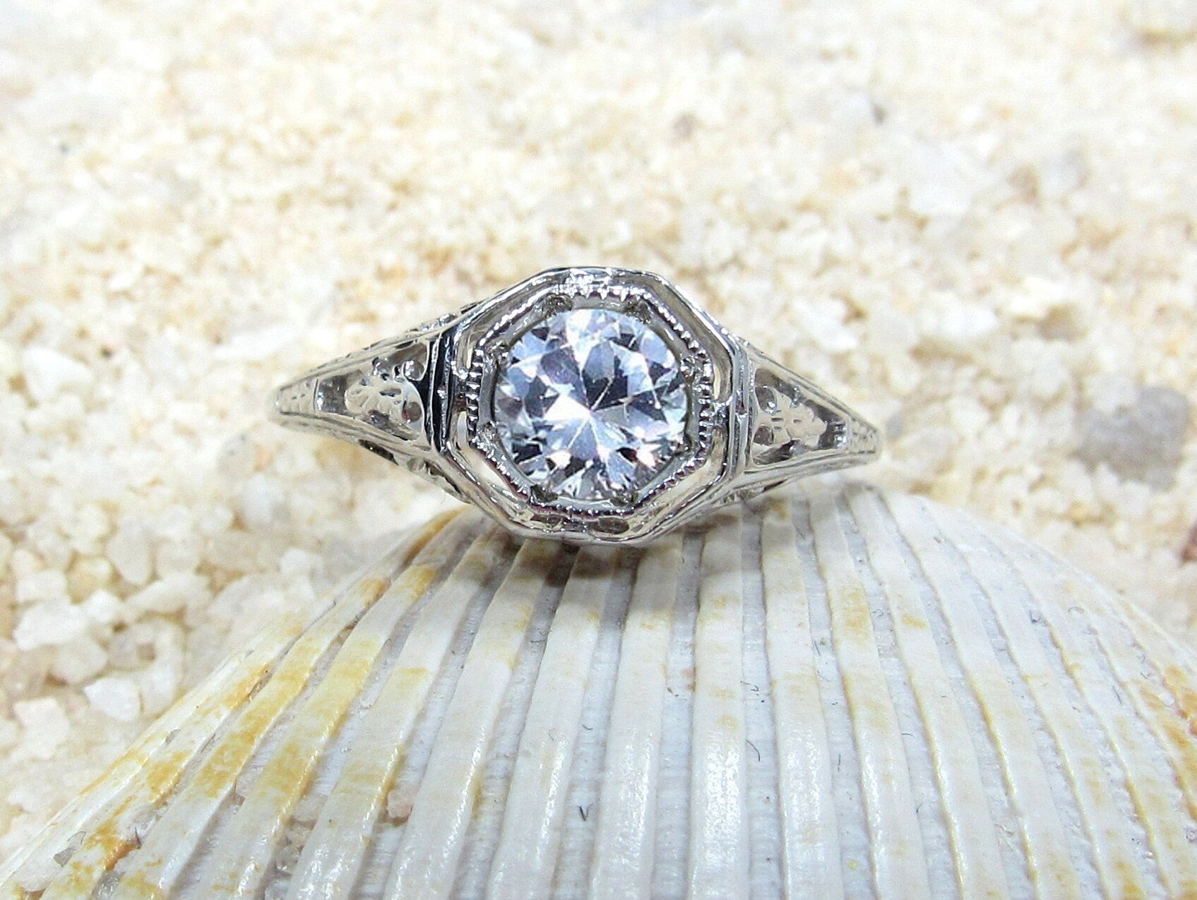 White Sapphire Vintage Engagement Ring Antique Style Filigree Round cut Kassandra .75ct 5mm White-Yellow-Rose Gold-10k-14k-18k-Platinum BellaMoreDesign.com