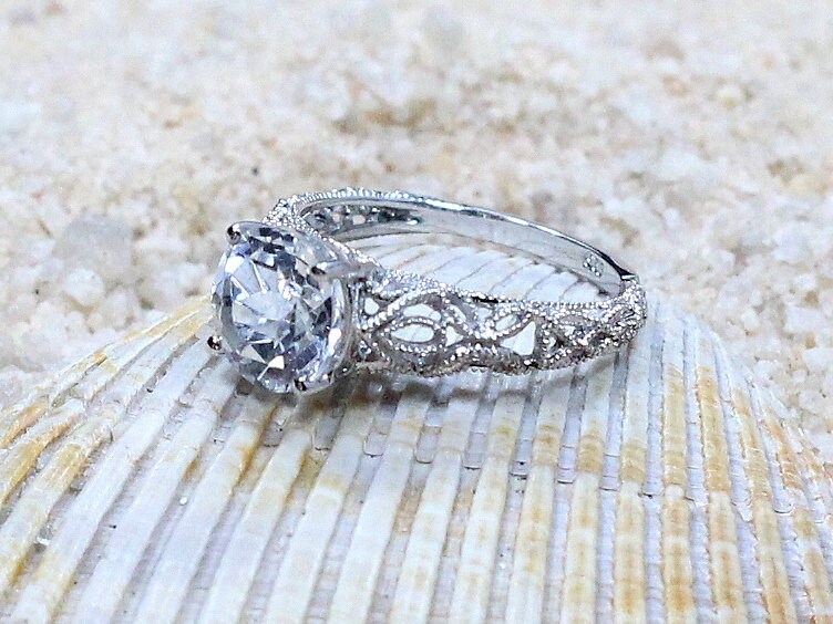 White Topaz Engagement Ring, Vintage Ring, Antique Ring, Filigree Ring, Milgrain Ring, Andromeda, 2ct Ring, Topaz Ring BellaMoreDesign.com