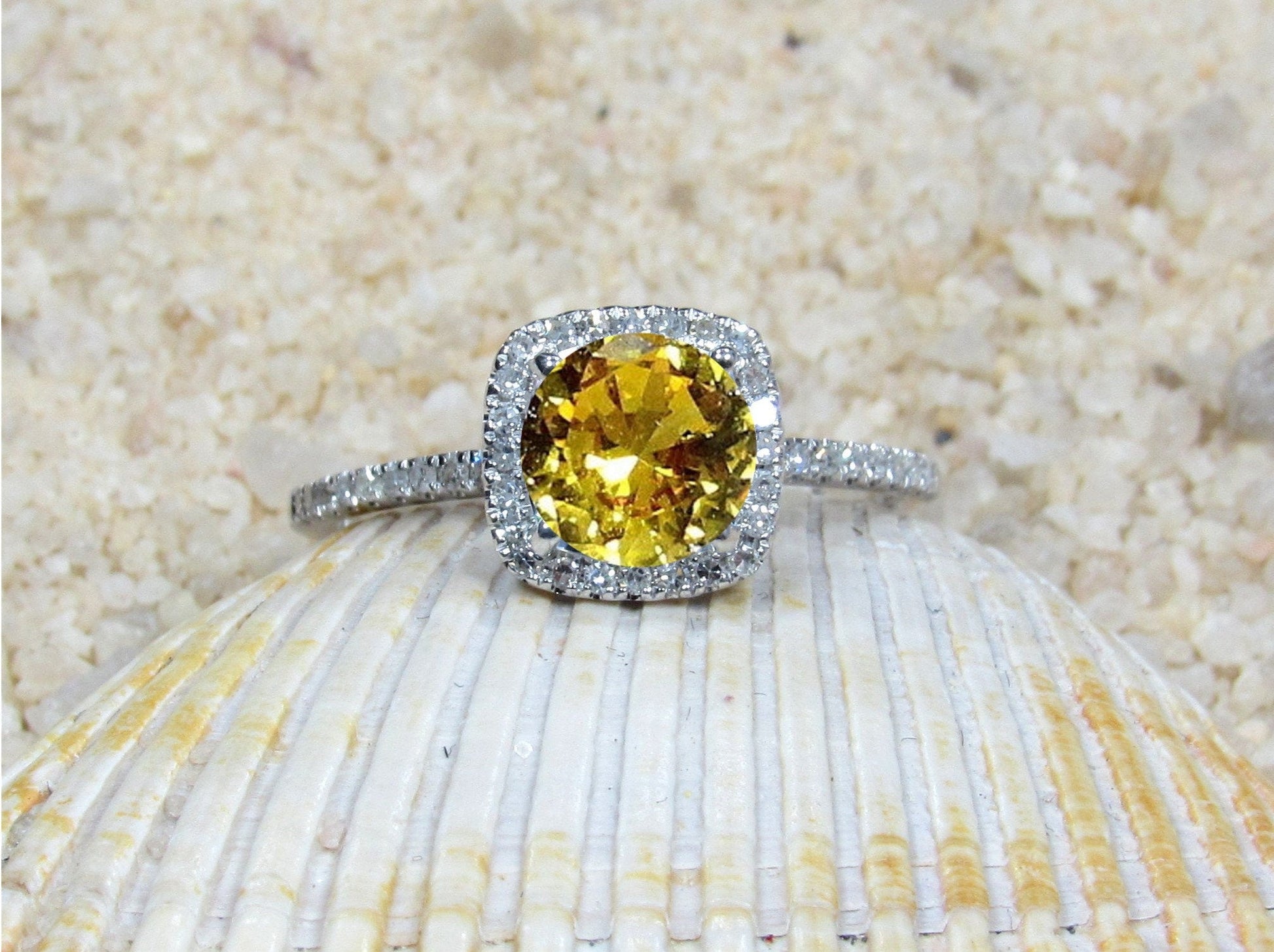 Yellow Sapphire & Diamonds Engagement Ring Cushion Halo Cuscino Petite Round cut 1ct 6mm Custom White-Yellow-Rose Gold-10k-14k-18k-Platinum BellaMoreDesign.com