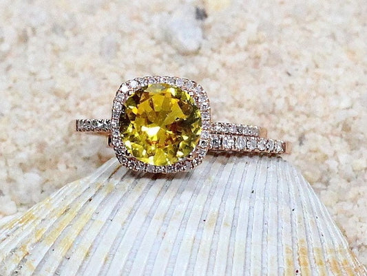 Yellow Sapphire & Diamonds Engagement Ring set, Diamond Wedding Band,Cuscino,2ct 8mm,Yellow Sapphire Ring,White Yellow Rose Gold,Gold Ring BellaMoreDesign.com