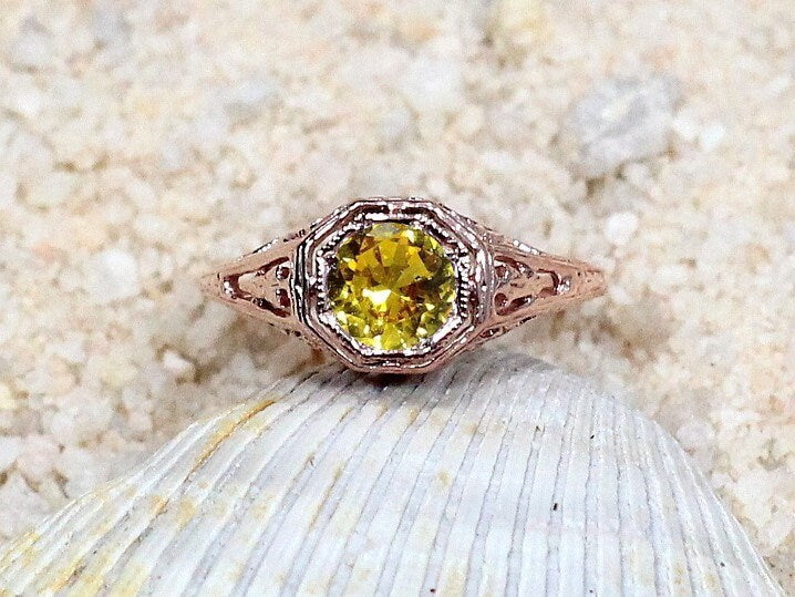 Yellow Sapphire Engagement Ring, Vintage, Antique, Filigree, Round cut, Kassandra, .75ct, 5mm,Gift For Her,Gold-Plt BellaMoreDesign.com