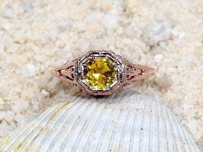 Yellow Sapphire Engagement Ring, Vintage, Antique, Filigree, Round cut, Kassandra, .75ct, 5mm,Gift For Her,Gold-Plt BellaMoreDesign.com