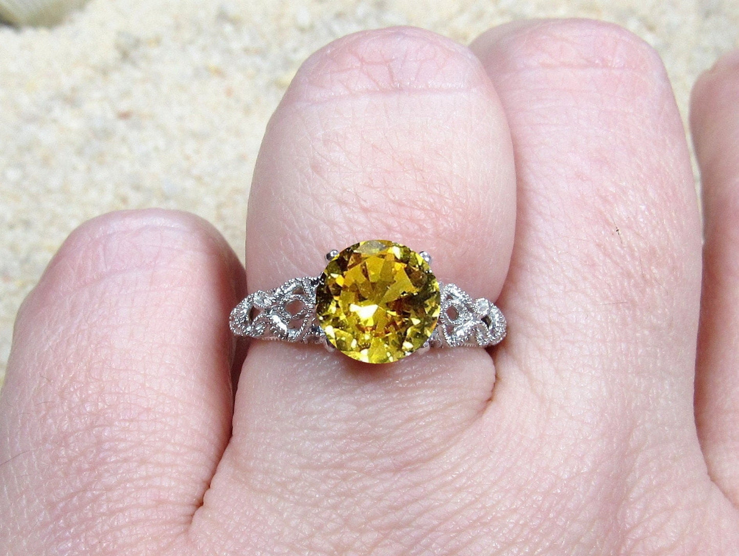Yellow Sapphire Engagement Ring,Vintage Ring,Antique Ring,Filigree Ring,Andromeda,2ct Ring,White-Yellow-Rose Gold-Plt,Sapphire Ring BellaMoreDesign.com
