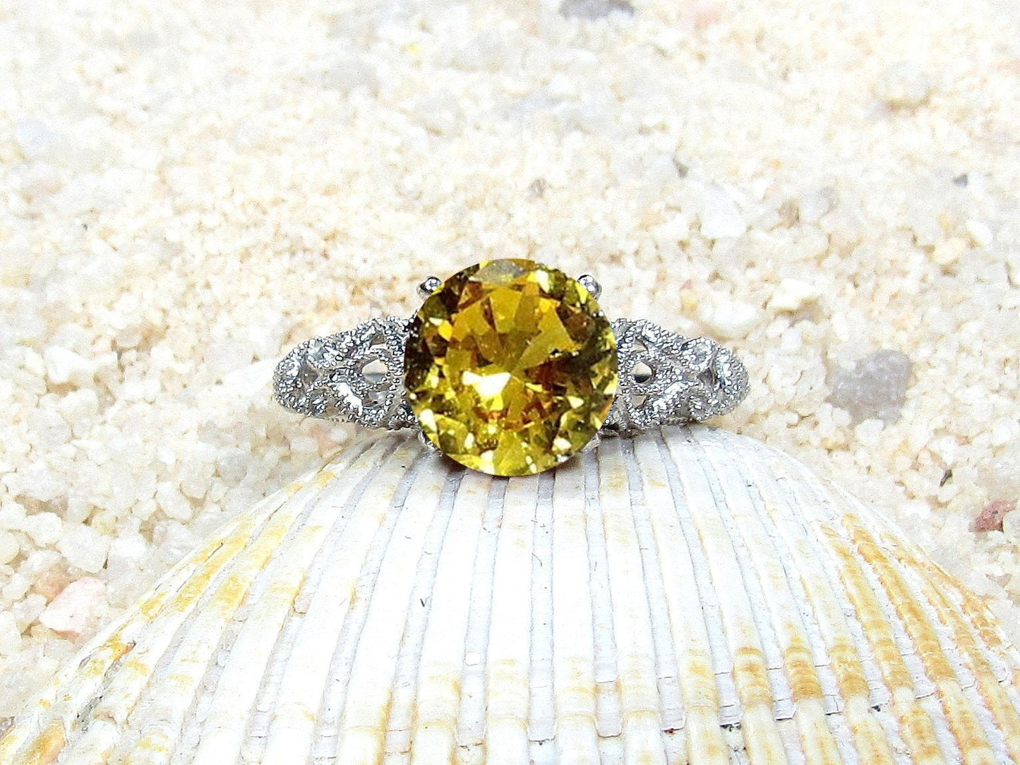Yellow Sapphire Engagement Ring,Vintage Ring,Antique Ring,Filigree Ring,Andromeda,2ct Ring,White-Yellow-Rose Gold-Plt,Sapphire Ring BellaMoreDesign.com