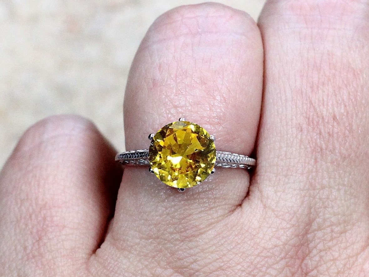 Yellow Sapphire Engagement Ring,Vintage Ring,Antique Ring,Filigree Ring,Maia,3ct Ring,Sapphire Ring,White-Yellow-Rose Gold-Platinum BellaMoreDesign.com